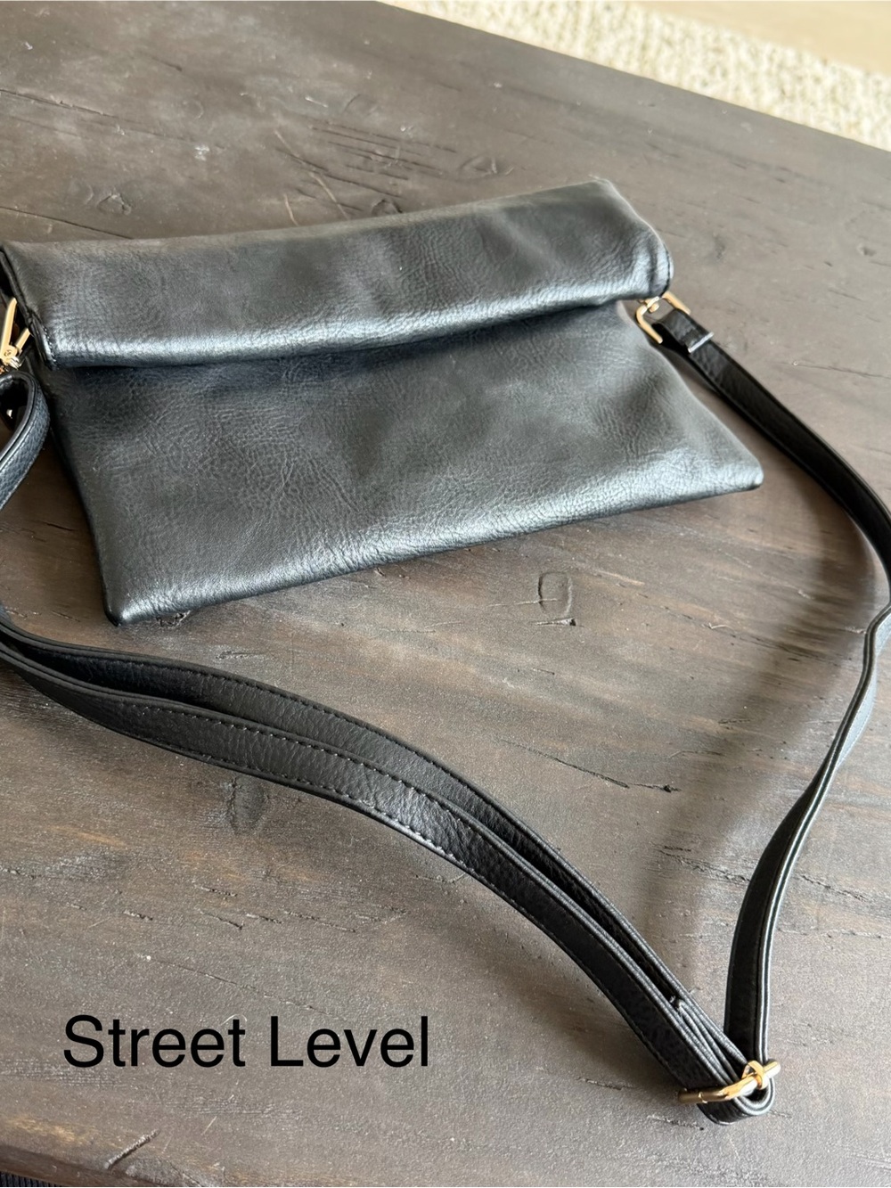 Street Level Black Fold-Over Leather Crossbody with Gold Hardware